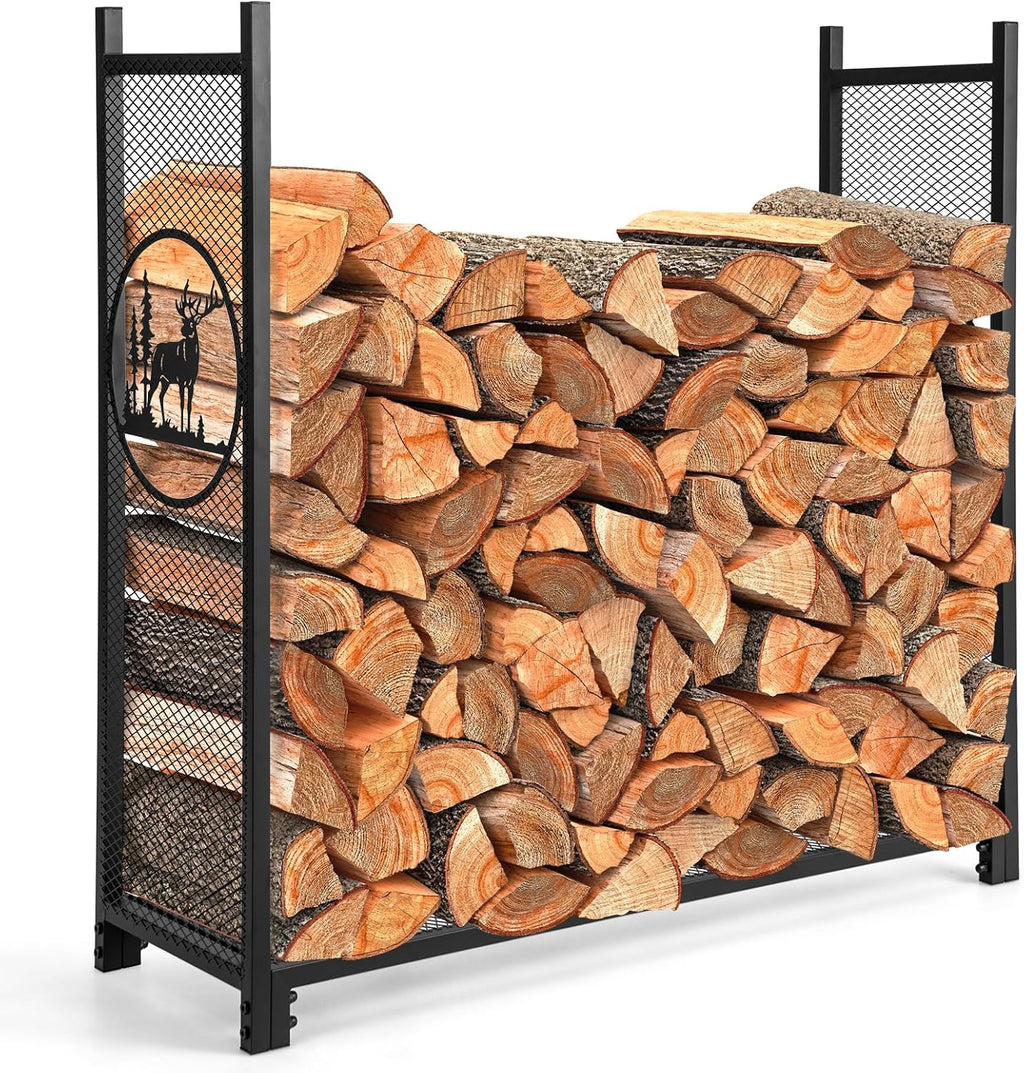 Goplus Firewood Rack Outdoor, 4 FT Metal Firewood Holder with Mesh Sides & Base, Decorative Deer Patterns, Indoor Log Storage Rack, Wood Rack for Fireplace, Fire Pit, Woodstove (48" x 15" x 46")