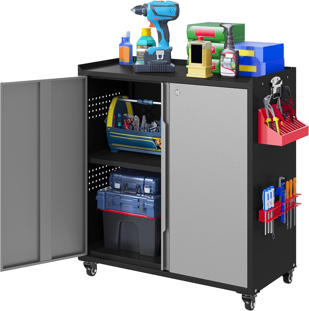 Metal Garage Storage Cabinet with Locking Doors and Adjustable Shelves,34.3" H Small Rolling Tool Storage Cabinet,Lockable Metal Tool Cabinet on Wheels for Garage, Warehouse, Barbershop-Black Gray