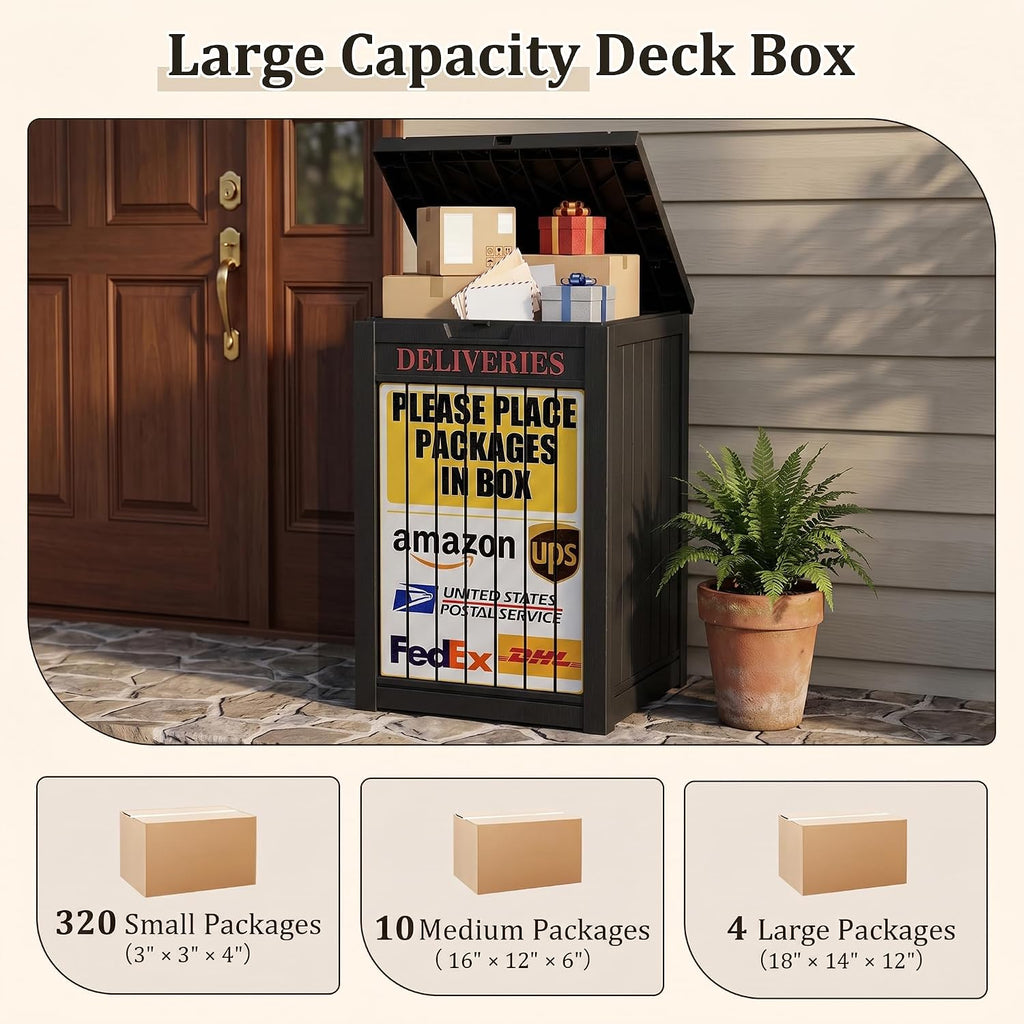 package delivery boxes for outside, deck storage box showing dimensions