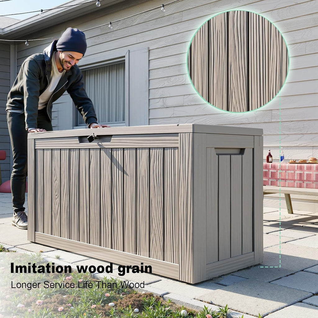 85 gallon resin deck box, outdoor waterproof storage shown in use
