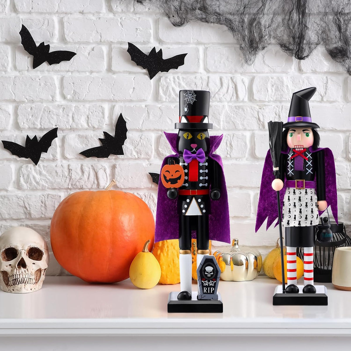 RattanView 2 Pcs Halloween Nutcracker 14 Inch Wooden Witch Black Cat Figure