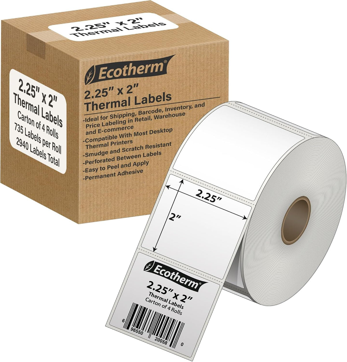 2.25" x 2" Thermal Labels | 4 Rolls | 2940 Labels | fits Zebra, Offnova Thermal