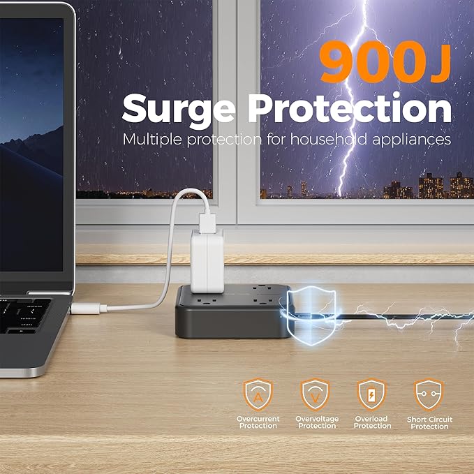 Surge Protector Flat Extension Cord 15FT, TESSAN Flat Plug Power Strip
