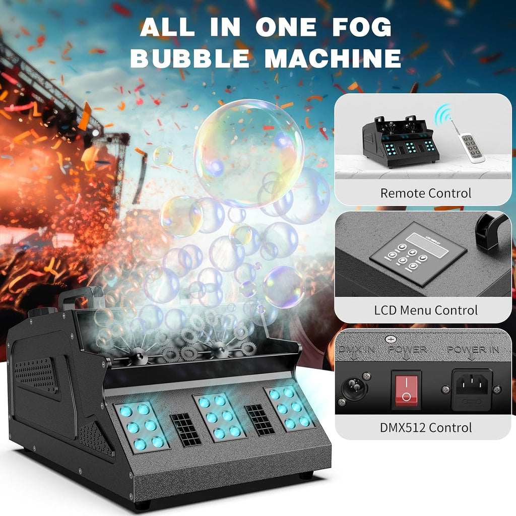 2000W Fog Machine, 3 in 1 Fog Bubble Machine with 2 Bubble Fans, 18 RGB LED Lights Smoke Bubble ALL IN ONE Fog Machine, Bubble Machine for Halloween Christmas Party Wedding, 4 Pack