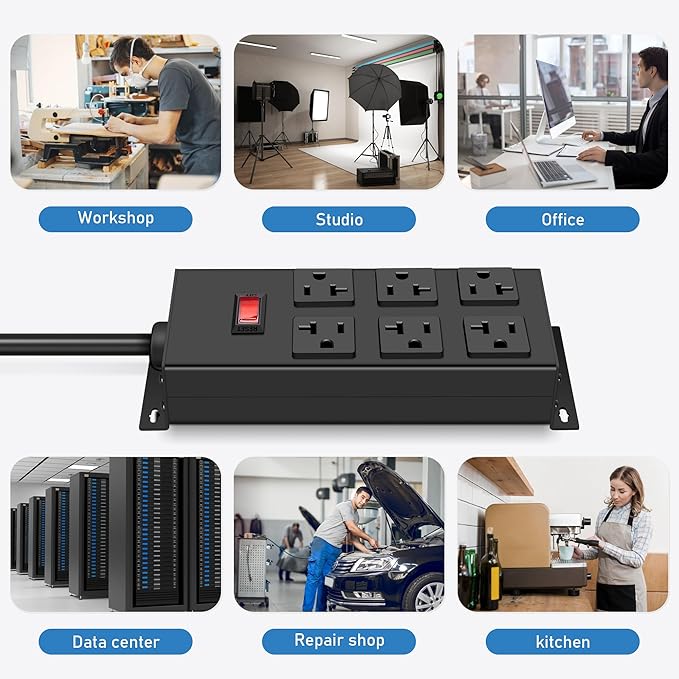 JUNNUJ Heavy Duty 20 Amp Power Strip, Garage 6 Outlets Metal 12 Gauge Surge