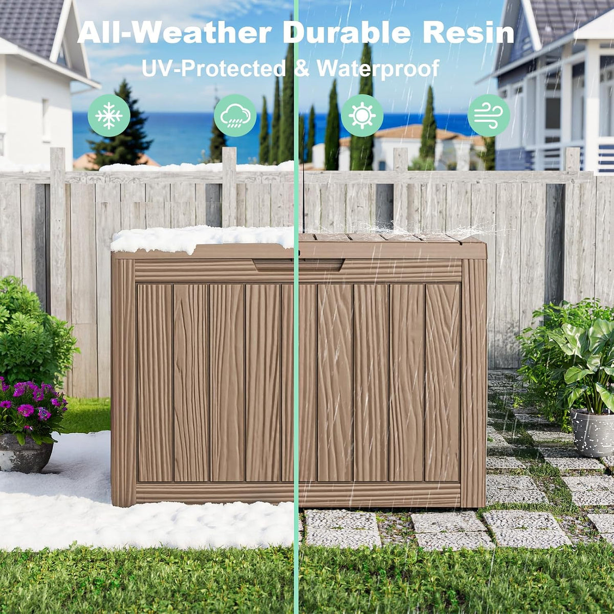 50 gallon outdoor storage box, resin deck boxes on a desk or shelf