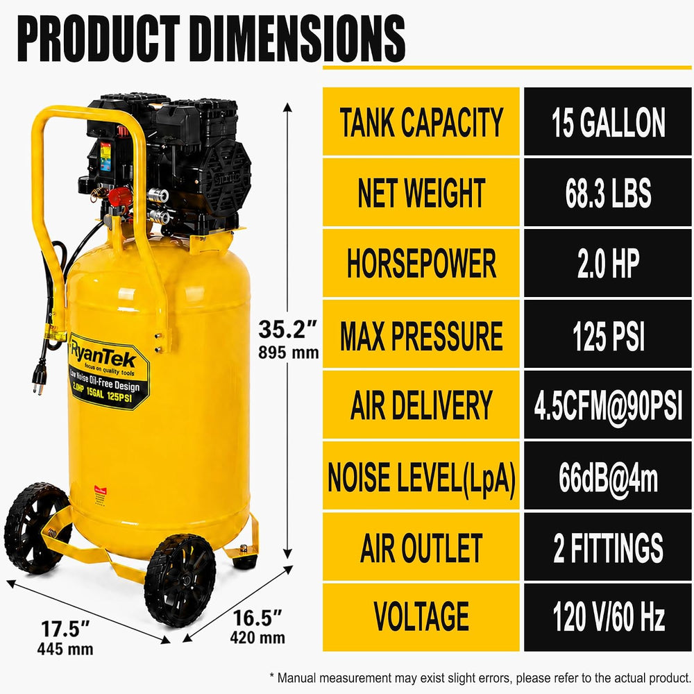 15-Gallon Air Compressor, 2HP, Quiet 66dB, 4.5CFM@90PSI