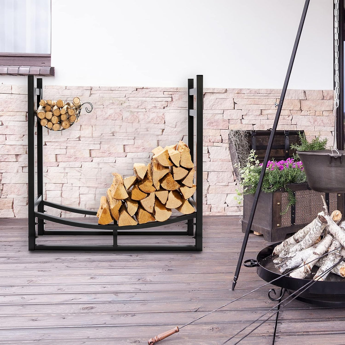doeworks heavy duty firewood racks 3 feet indoor/outdoor shown in use