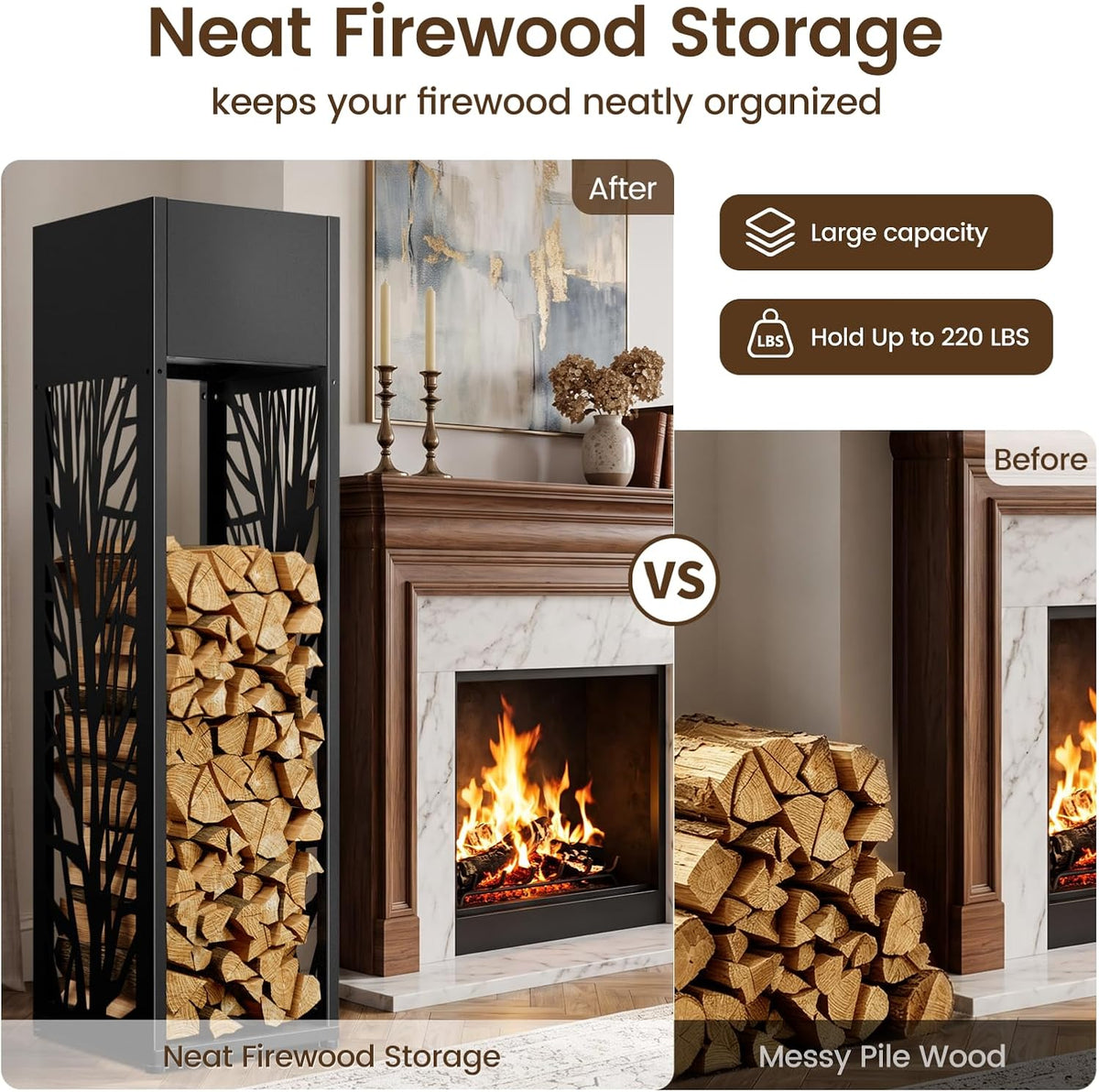 4ft firewood rack outdoor, fire wood log storage, side view