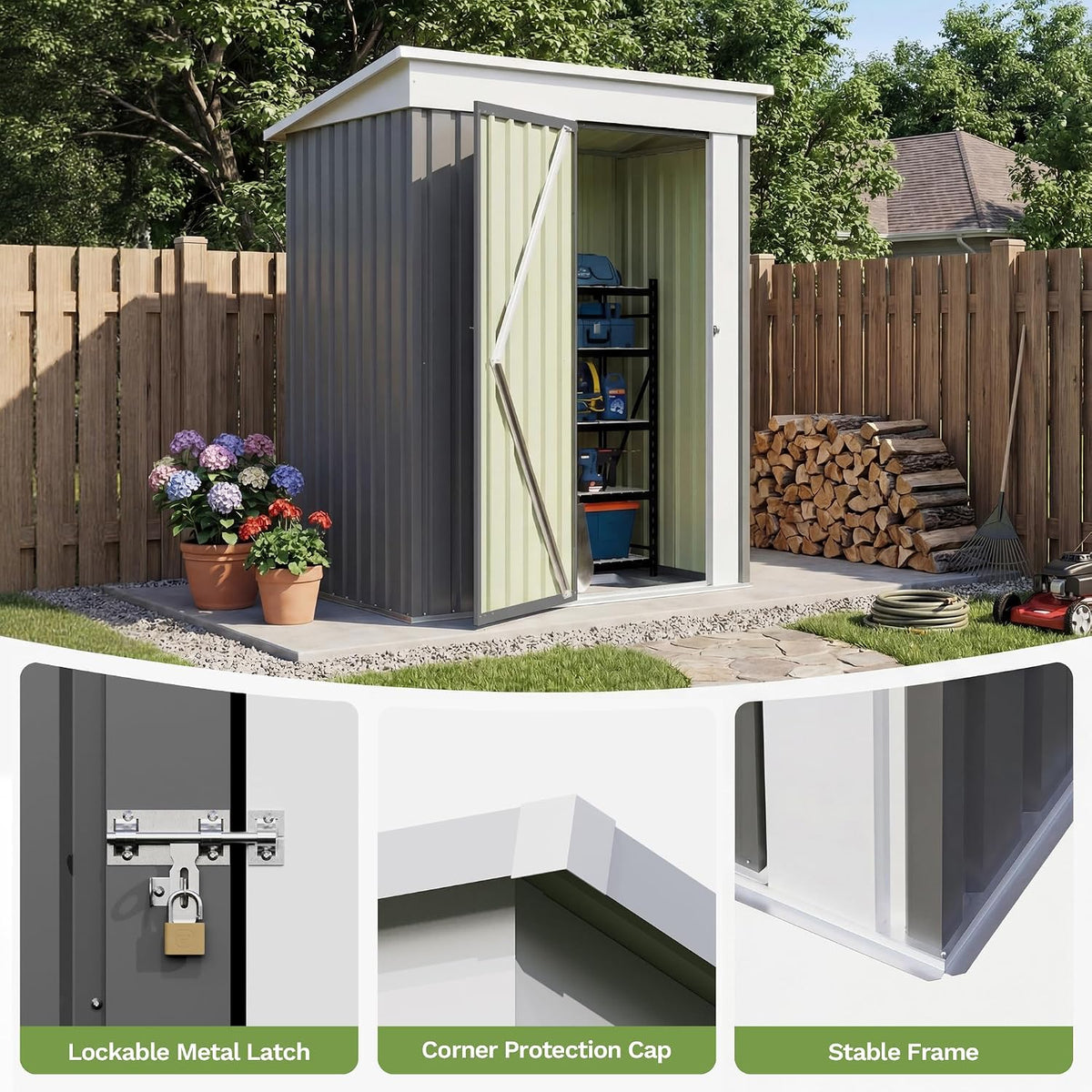 patiowell 5x3 ft outdoor storage shed with floor, side view