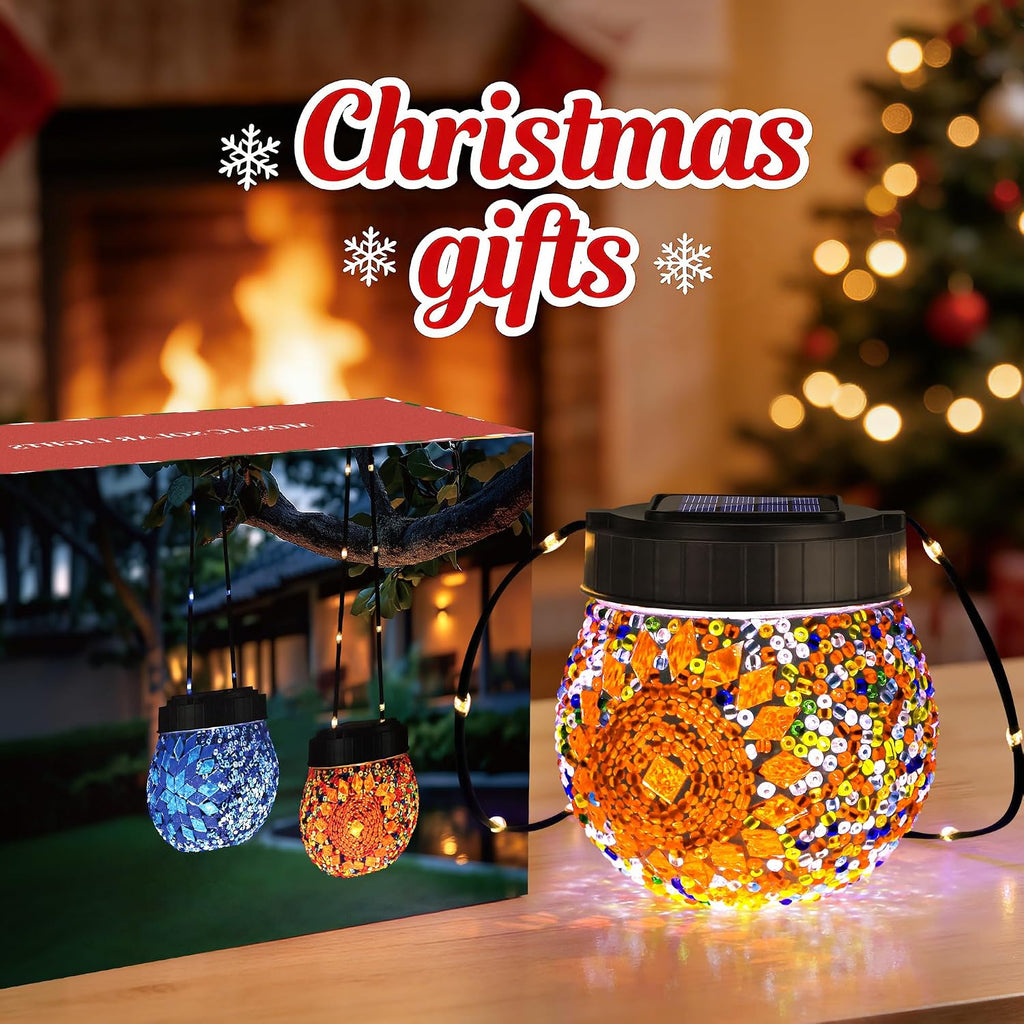 Mosaic Solar Lights Outdoor 6 Pack, Solar Hanging Lanterns Christmas Halloween Gifts for Women Mom Grandma, Waterproof Glass Globe Lights, Garden Patio Decor for Yard, Tree, Balcony, Warm