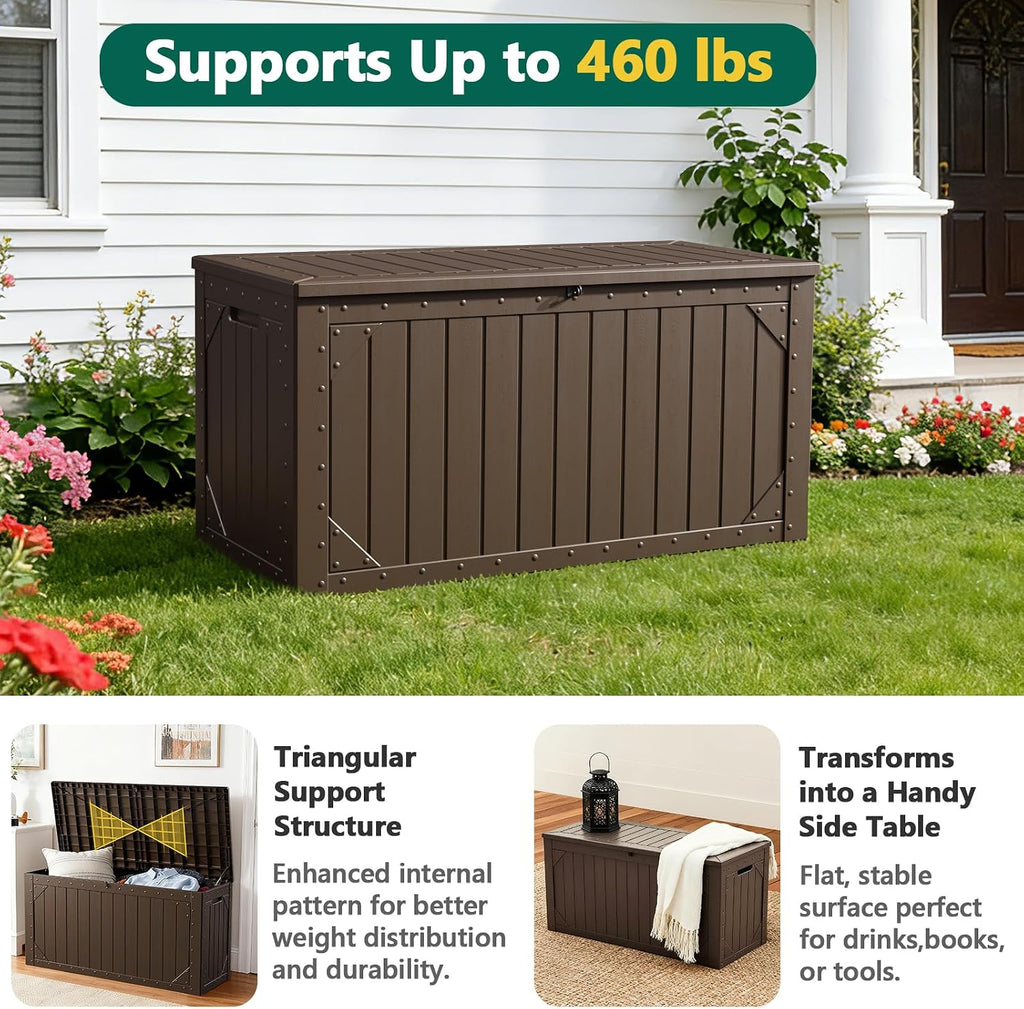 outdoor storage box, 98 gallon deck box, outdoor showing dimensions