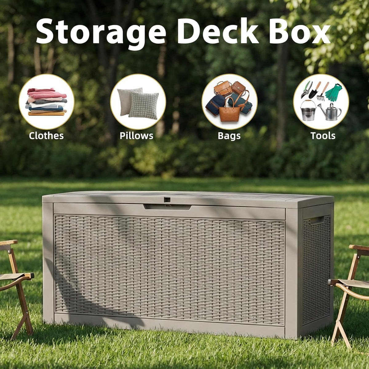 155gal outdoor storage box, lockable grey deck box, side view