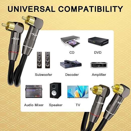 Right Angle RCA Cable 50 FT, 90 Degree 2RCA to 2RCA Stereo Audio Cable