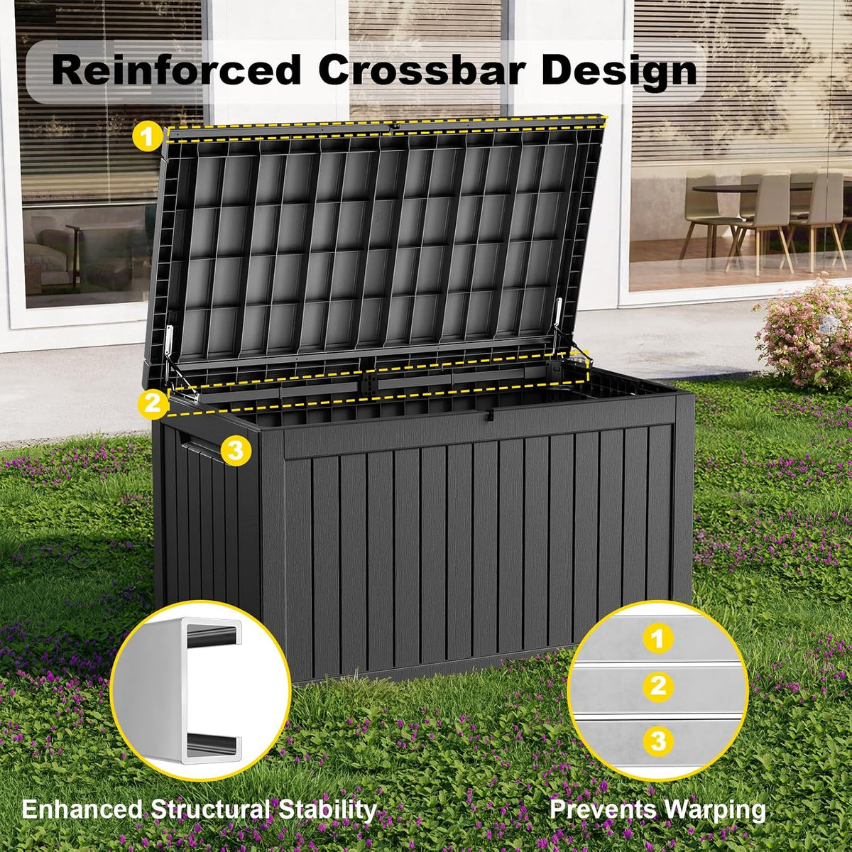 280 gallon outdoor storage box, large resin deck, package contents