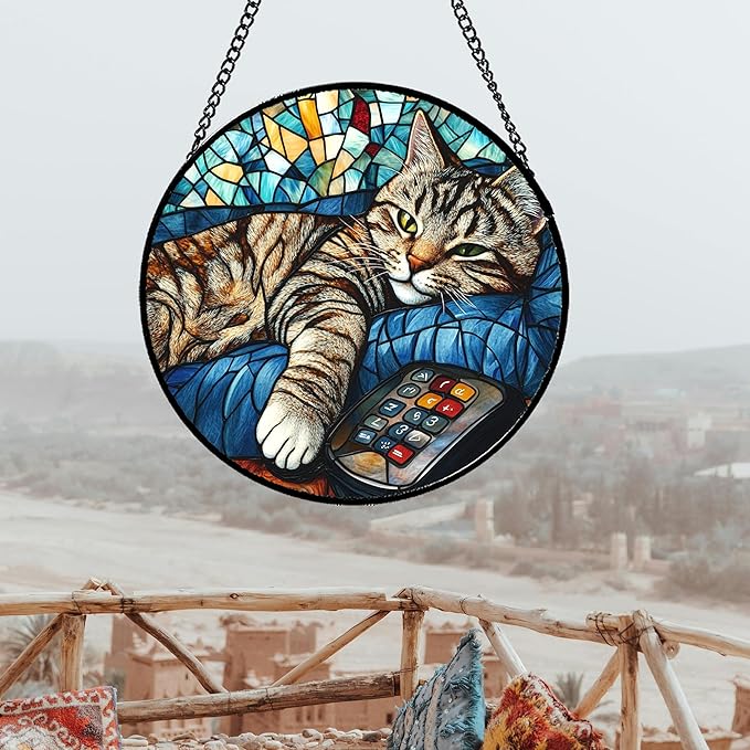 DASTOLL Stained Glass Window Hanging Gray Cat and Remote Control Large 11.8"