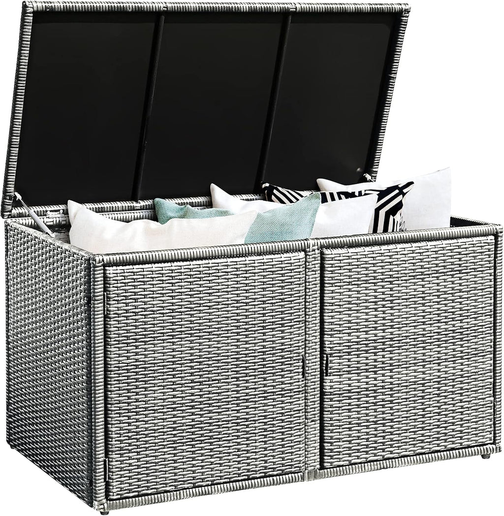 DORTALA 88 Gallon Deck Box Organizer, Wicker Large Indoor Outdoor Storage Container Cabinet for Patio Furniture Cushions Garden Tools, Gray