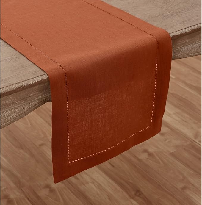 Solino Home Linen Table Runner 120 Inches Long - 100% Pure Linen Cinnamon Table Runner 14 x 120 Inch for Fall, Autumn, Halloween, Thanksgiving - Classic Hemstitch