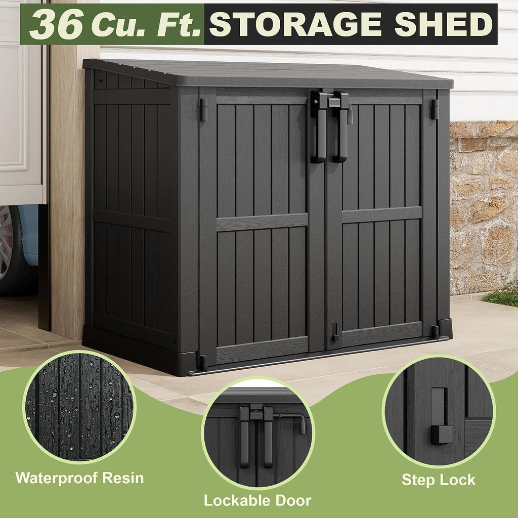 36 cu ft horizontal resin storage shed, weatherproof showing dimensions