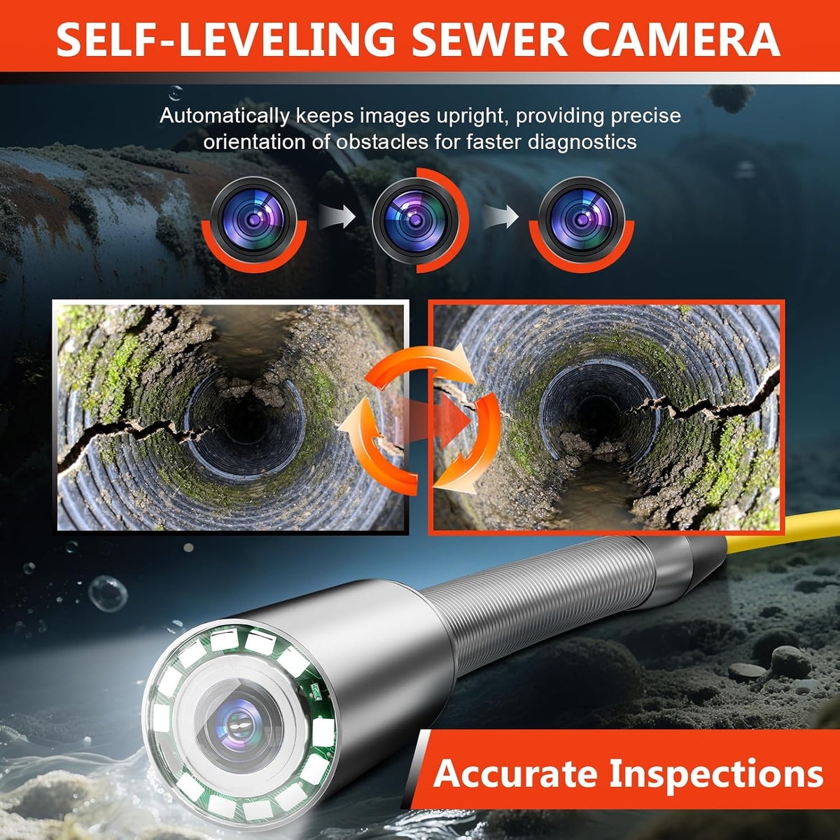 sewer camera, 100ft self-leveling drain camera with 512hz, side view