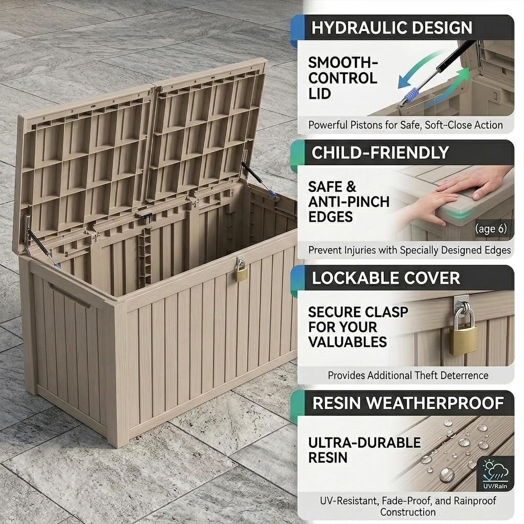 320 gallon extra-large outdoor storage box, waterproof lockable showing dimensions
