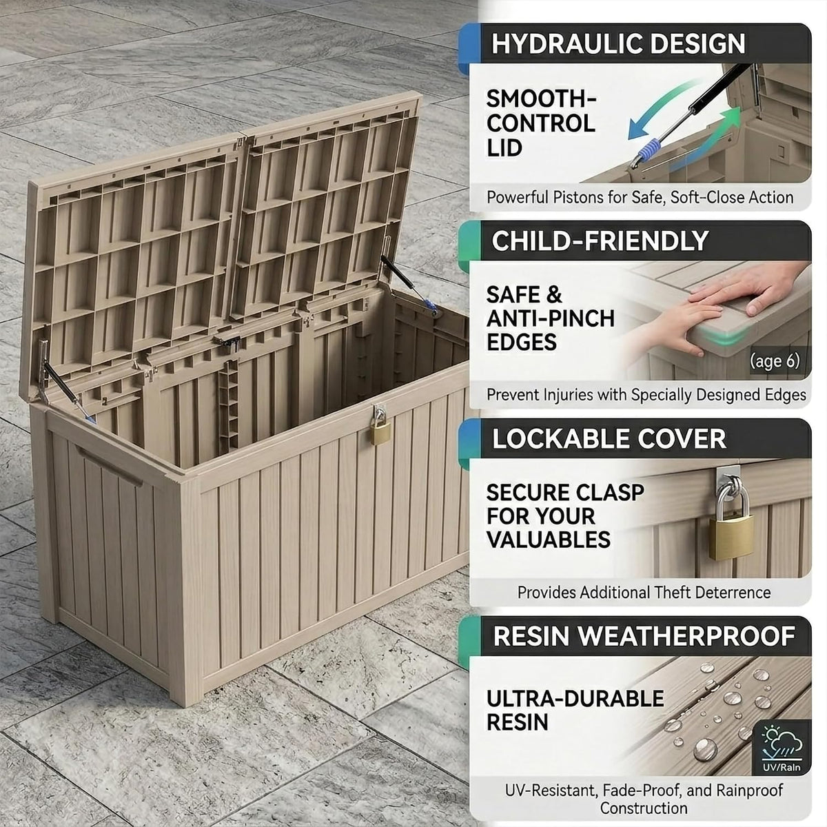 320 gallon extra-large outdoor storage box, waterproof lockable showing dimensions