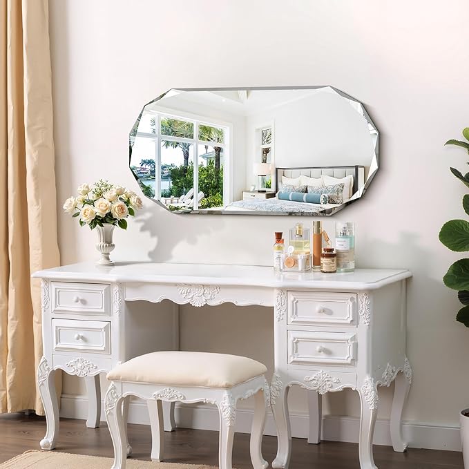 GLASHOM Beveled Edge Frameless Bathroom Mirror, Oval Wall Mirror