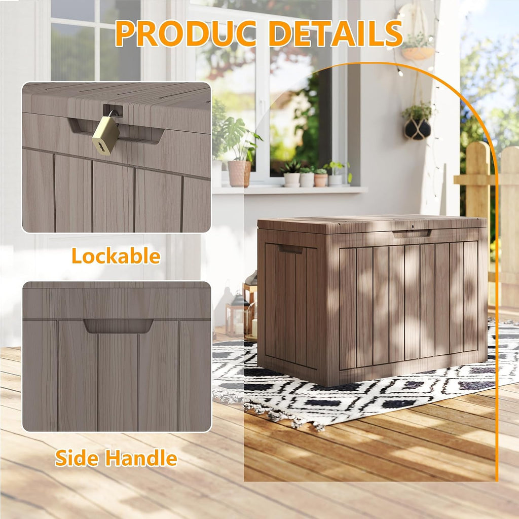 outdoor storage box, 50 gallon waterproof deck box, side view