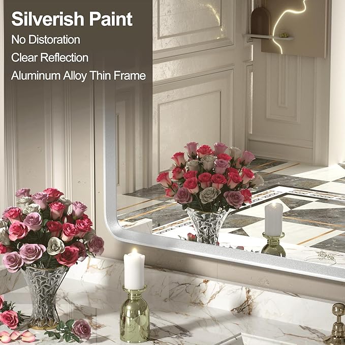 44x36 Inch Silver Framed Mirror, Brushed Nickel, Rounded Rectangle Mirror