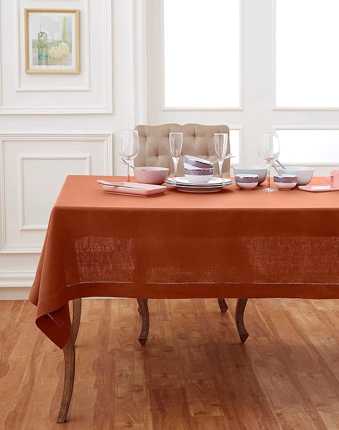 Solino Home Linen Cinnamon Tablecloth 60 x 120 Inch - Classic Hemstitch, 100% Pure Linen Rectangular Tablecloth - Machine Washable Table Cloth for Fall, Autumn, Halloween, Thanksgiving