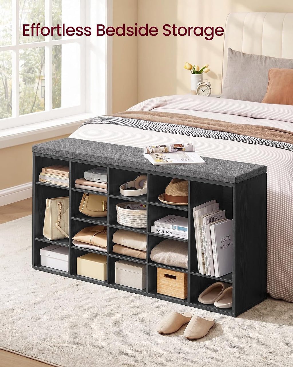 vasagle shoe bench with cushion, 20 compartments, 12, side view