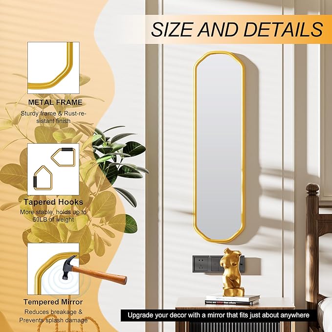 Modern Slim Wall Decor Mirror 10"x44" Gold