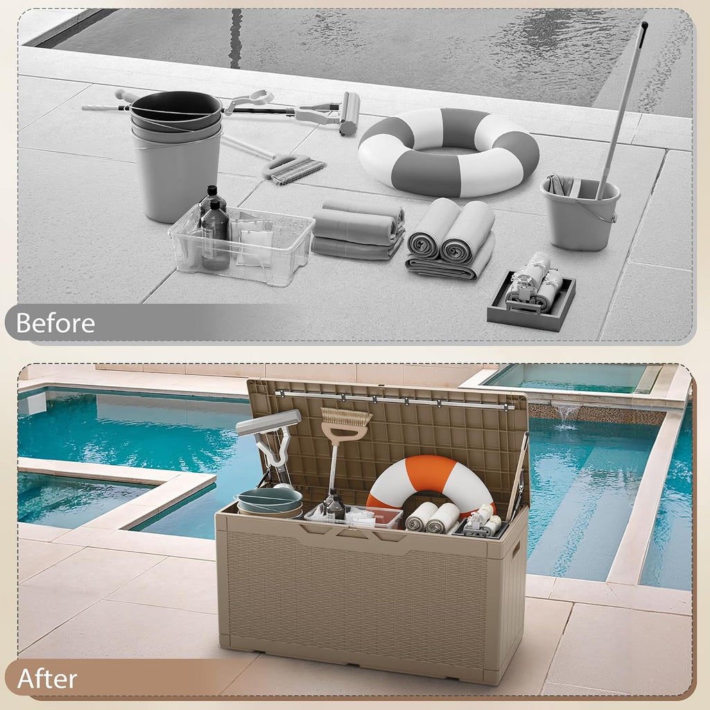 devoko 100 gallon deck box waterproof outdoor storage showing dimensions
