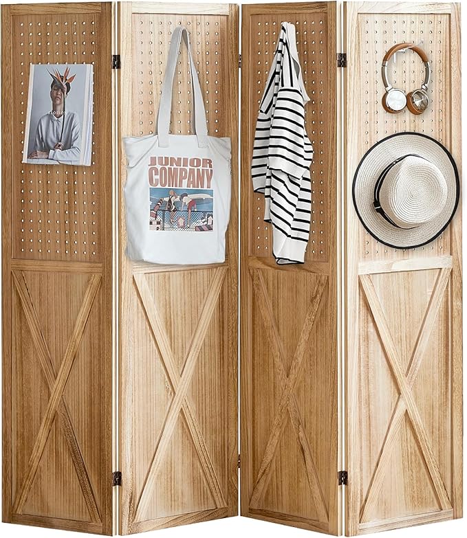 ALeesing 4 Panel Pegboard Wood Room Divider, 5.6Ft Pegboard Display Folding