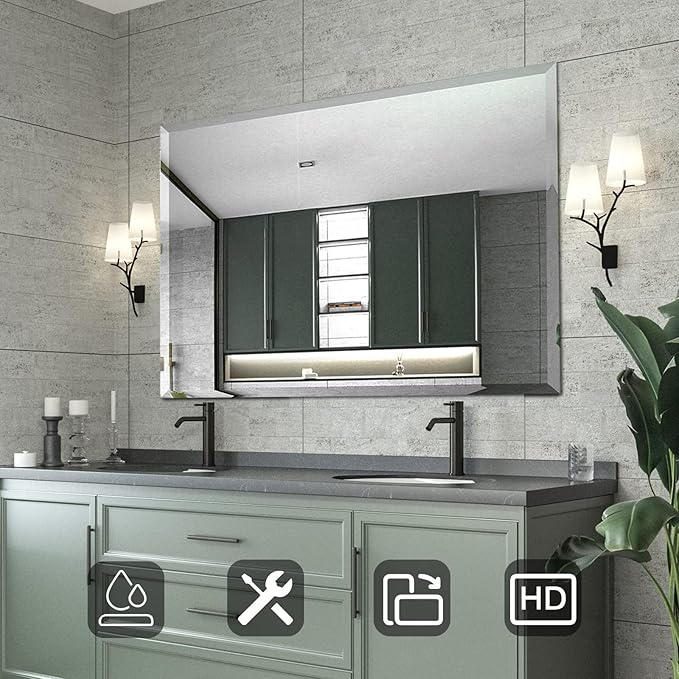Mirrorons Beveled Mirror, Wall Mirror 40" x 32", Frameless Rectangle Bathroom