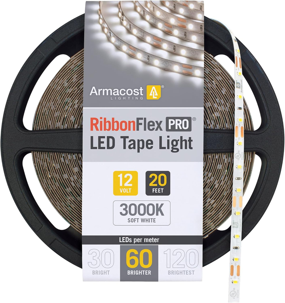 Armacost Lighting RibbonFlex Pro 12V White LED Strip Lights 60 LED/m, 3000K, 20 ft, 142240N