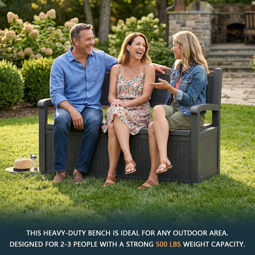 drato 75 gallon storage bench deck box outdoor showing dimensions