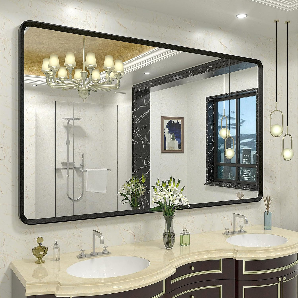 60x36 Black Matte Bathroom Mirror, Large Metal Framed Black Bathroom Vanity