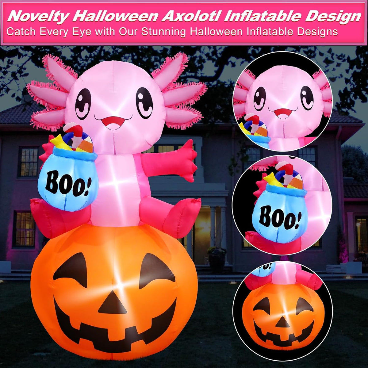 anroog Halloween Decorations Outdoor 5.2FT Axolotl Inflatables Pumpkin Blow Up Yard Decorations with LED Lights Halloween Outside Lawn Party Decor (Axolotl Pumpkin Inflatables)