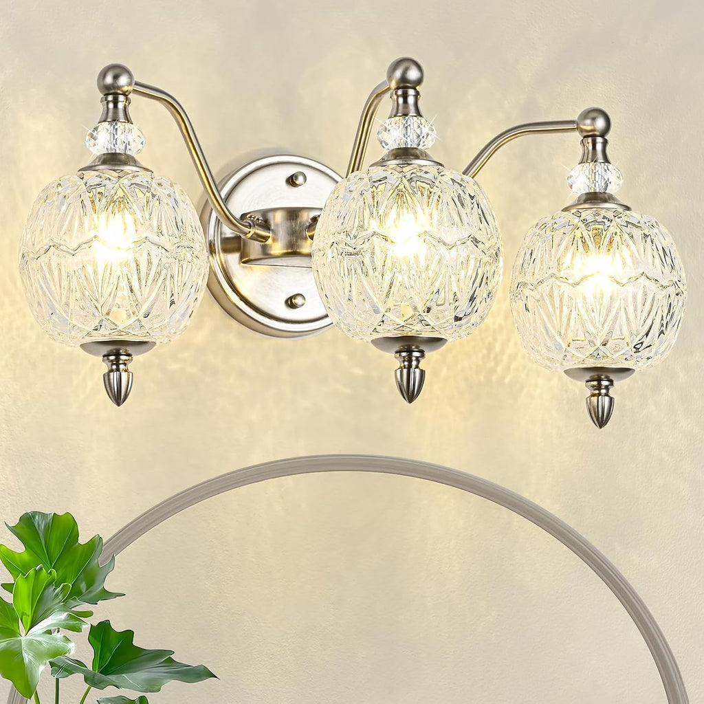 Brushed Nickel Bathroom Vanity Light, 3-Light Mid Century Modern Brushed Nickel Finish Wall Sconce with Globe Glass Shades, Modern Mirror Light for Bathroom, Powder Room