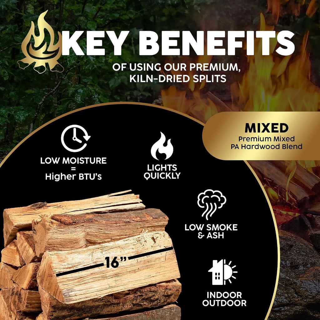firewood central kiln-dried pa mixed blend, 16” splits shown in use