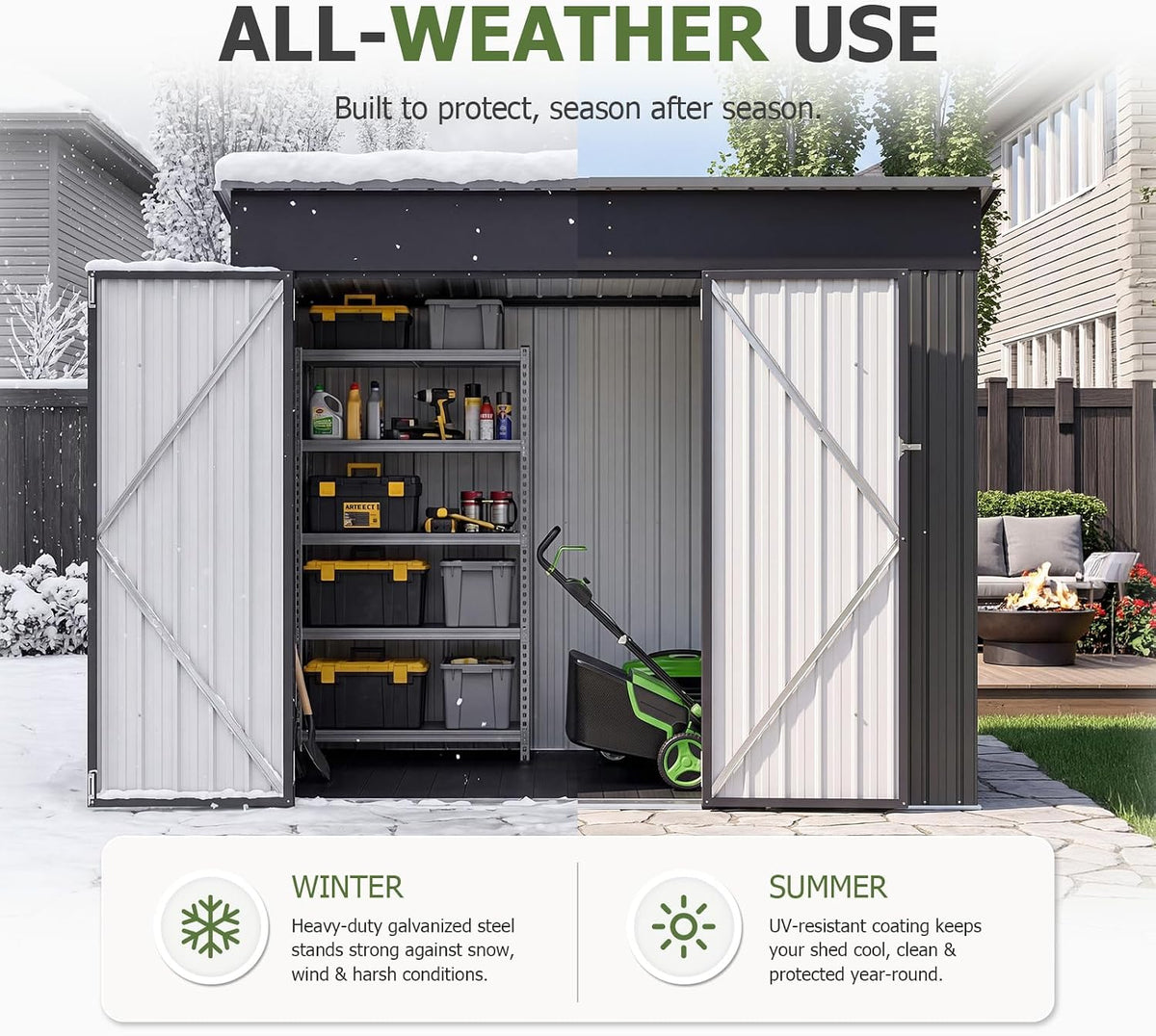 Aoxun 7.5'x4' Shed with 3 Doors & 14mm PP Floor & Magnetic Sensor Light