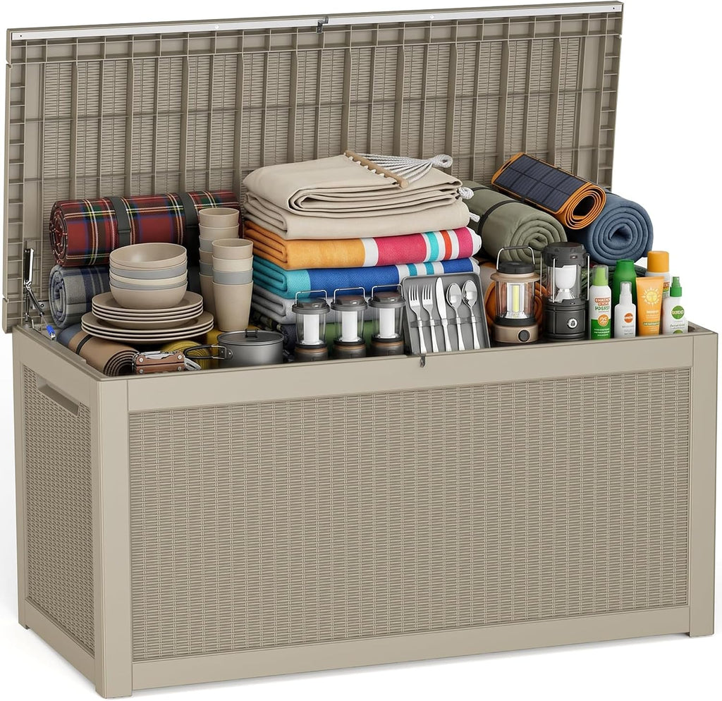 ROJIK 340 Gallon Deck Box Outdoor Waterproof,Weatherproof Outdoor Storage Boxes Lockable with Lid,Outside Resin Storage Bench for Patio Cushions,Garden Tools and Pool Accessories(Grey)