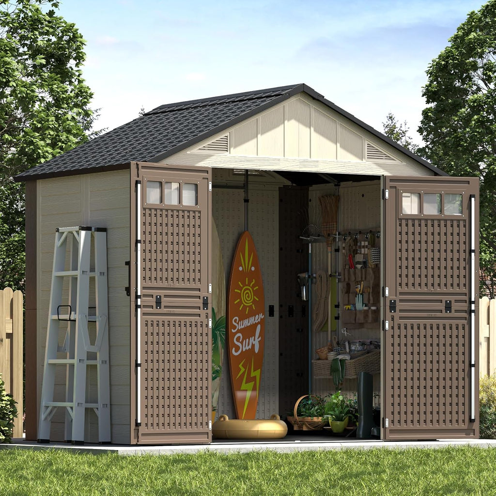 8x6 Ft Outdoor Storage Shed with Floor, Large Resin Outdoor Shed with Lockable Doors & 2 Fixed Windows, HDPE Garden Sheds Weatherproof for Backyard, Lawn Tools, Pool & Bike Supplies, Khaki