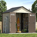 8x6 Ft Outdoor Storage Shed with Floor, Large Resin Outdoor Shed with Lockable Doors & 2 Fixed Windows, HDPE Garden Sheds Weatherproof for Backyard, Lawn Tools, Pool & Bike Supplies, Khaki