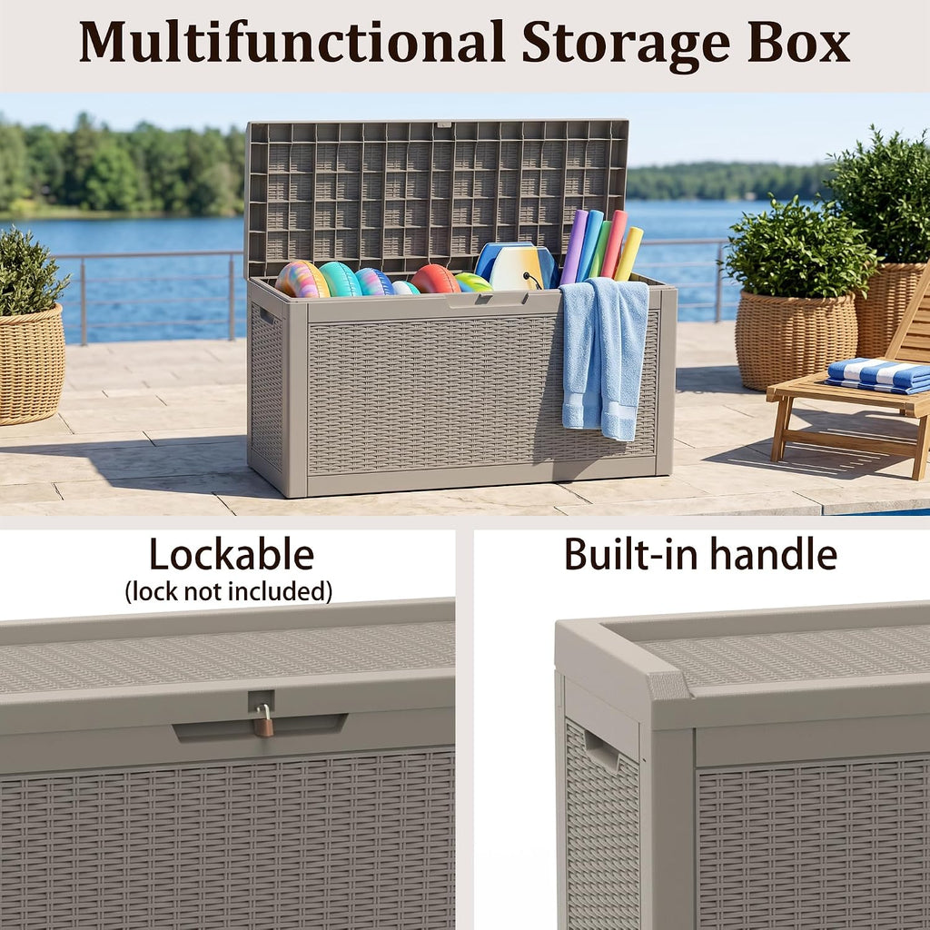 outdoor storage box,80 gallon lockable deck box,grey, close-up detail