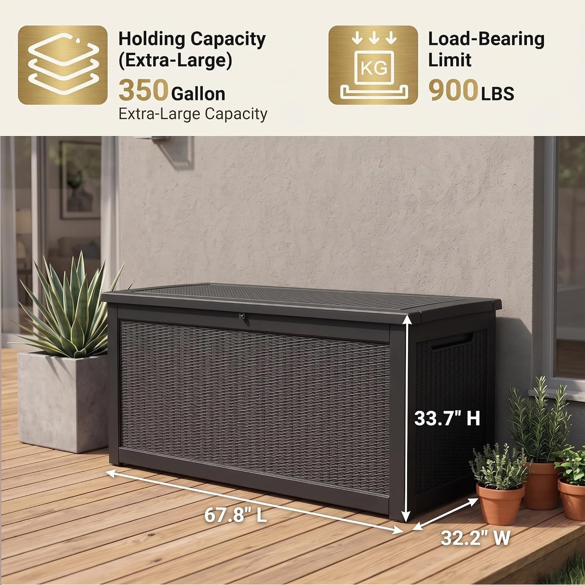 350 gallon outdoor storage box, extra-large heavy-duty waterproof showing dimensions