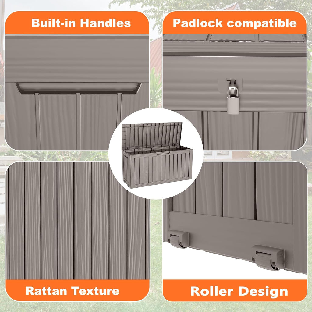 patiozen 75 gallon resin deck box, lockable patio, side view