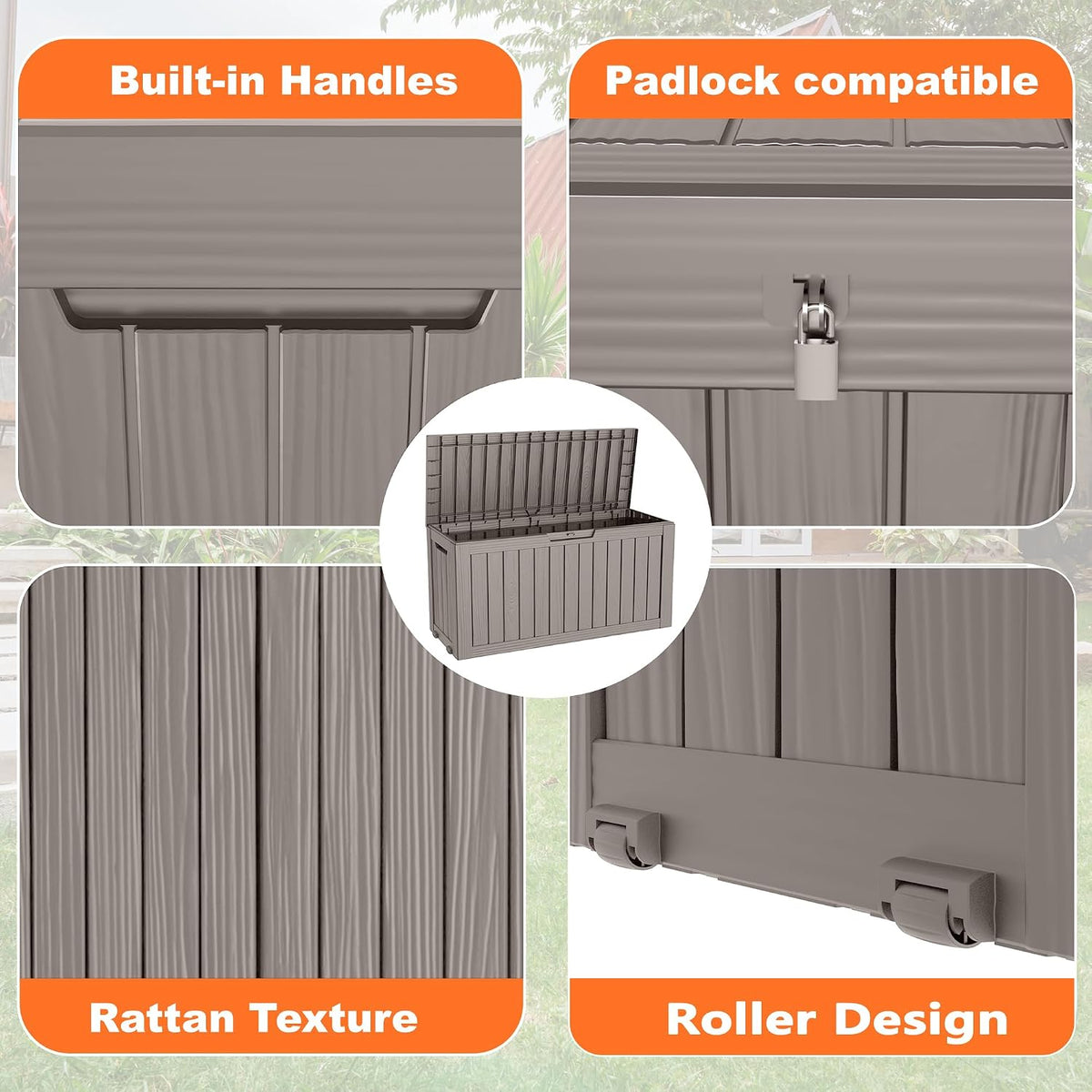 90 gallon outdoor storage box, resin deck boxes, close-up detail