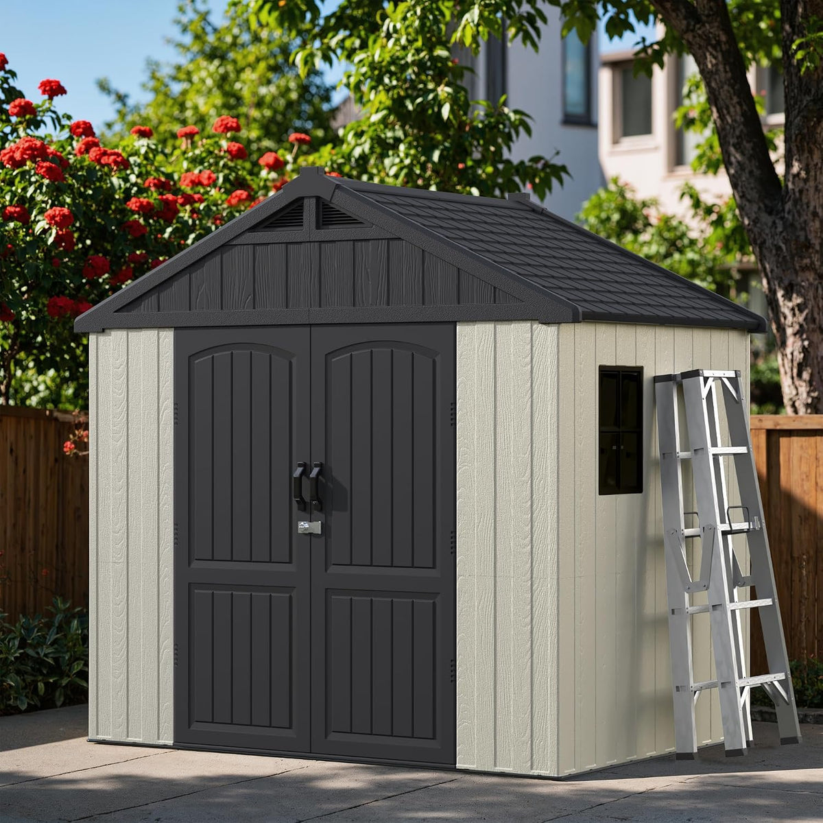 Greesum 8x6FT Plastic Outdoor Storage Shed with Floor, Resin Sheds, Beige